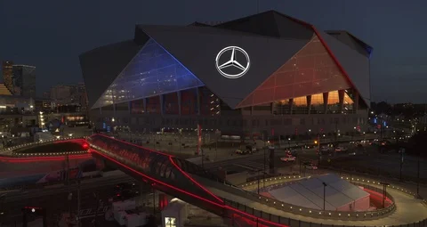 Mercedes Benz Pull Back Night Drone skyline Stock Footage 101779100