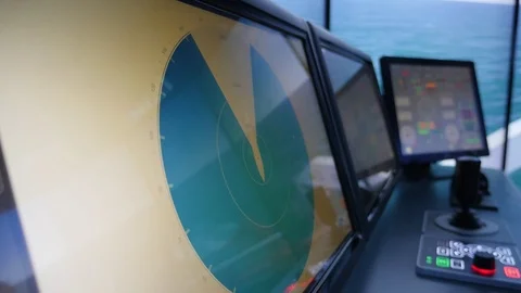 Merchant ship cabin with modern navigation equipment and buttons in the sea Stock-Footage 105380950