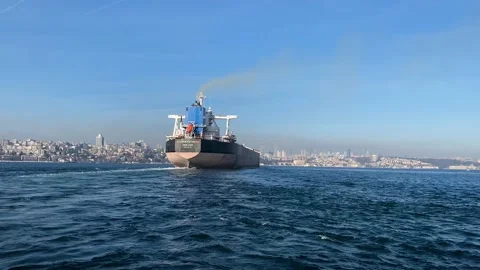 A merchant ship sails in Bosphorus strait, Istanbul, Turkey 4K Stock Footage 168018677