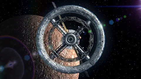 Mercury on the background. Flight through the gates of the sci-fi space station Stock Footage 85058538