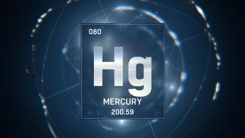 Mercury as Element 80 of the Periodic Table 3D illustration on blue background Stock Illustration