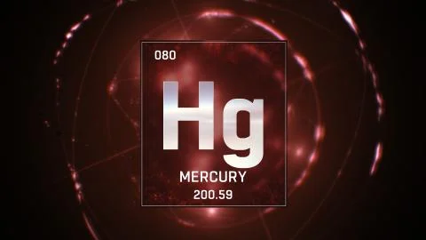 Mercury as Element 80 of the Periodic Table 3D illustration on red background Stock Illustration