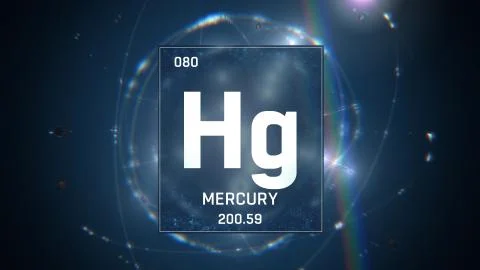 Mercury as Element 80 of the Periodic Table 3D illustration on blue background Stock Illustration