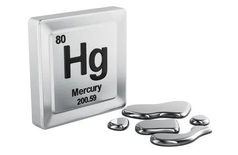 Mercury element Hg periodic table symbol with liquid mercury drops. 3D rend.. Stock Illustration