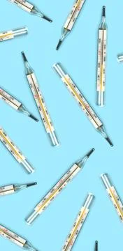 Mercury-in-glass thermometer creative pattern on blue background flat lay h.. 스톡 사진