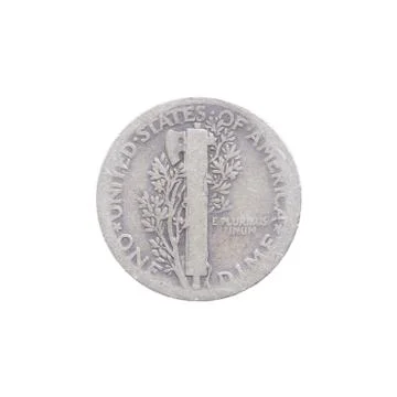 Mercury head dime back side, currecny isolated on a white background. Stockfoto's