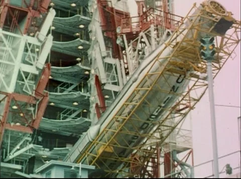 Mercury Project erection of Big Joe Atlas booster at Cape Canaveral for testing Stock Footage 297464682