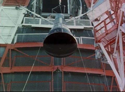 Mercury Project hoisting of Big Joe capsule to top of gantry for testing Stock Footage 297465322