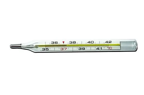 Mercury thermometer temperature over 37 degrees isolated white background Stock Photos