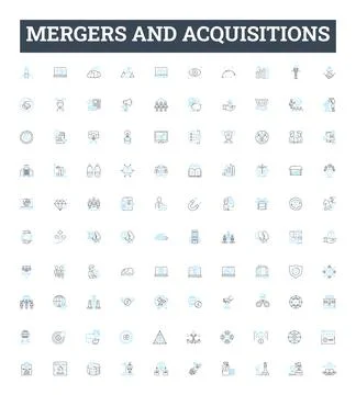 Mergers and acquisitions vector line icons set. Mergers, Acquisitions Stock Illustration