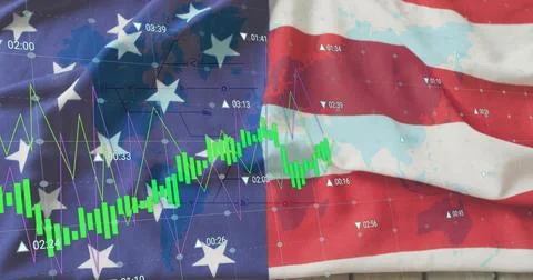Merging American flag with world map silhouette and displaying financial data Illustrazione stock