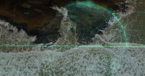 Merging blue circular overlay intersecting rocky shoreline, with waveform, data Stock Photos