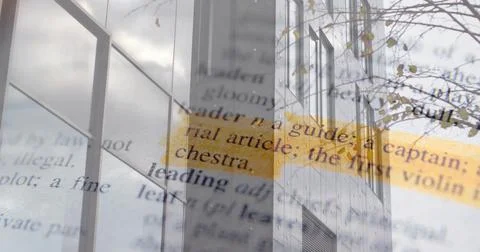 Merging book page text and yellow highlighter over glass office tower with tree Stock Illustration