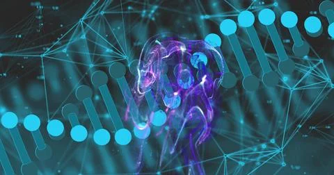 Merging central purple nebula cluster blending with turquoise DNA helix in Stock Illustration