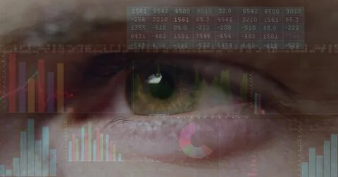 Merging close-up human eye with data panels at interface, with data Stock Photos