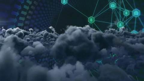 Merging clouds with digital network in abstract animation technology concept Видео 304839426