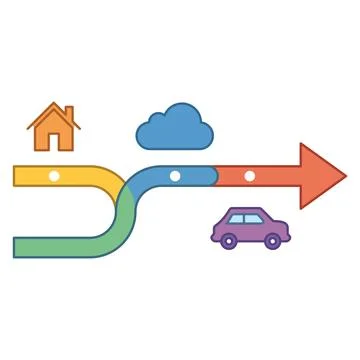 Merging flowchart arrow path with home, cloud, and car icons. Stock Illustration