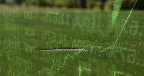 Merging golf hole cup with translucent financial grid overlay on putting green Stock Photos