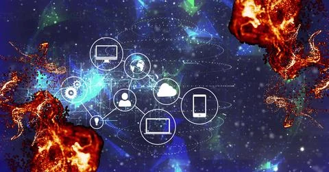 Merging icon hub glowing within cosmic net with monitor laptop phone cloud globe Stock Illustration