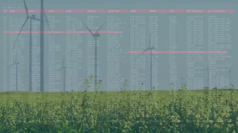 Merging log data overlay with canola field and spinning wind turbines, boosting 스톡 동영상 307884712