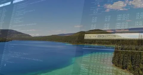 Merging mountain lake showing code snippets and hex data on lakeshore with Stock Photos
