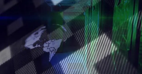 Merging server racks with projected Americas map in data center, showing LEDs Stock Photos