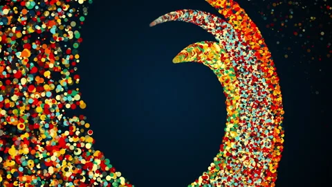 Merging three radial stripes of colored particles into a spiral. Computer Stock Footage 145786140