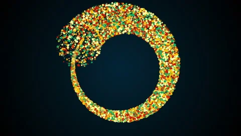 Merging three radial stripes of colored particles into a spiral. Computer Stock Footage 145786398