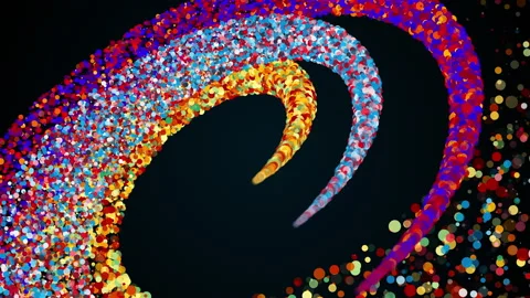 Merging three radial stripes of colored particles into a spiral. Computer Stock Footage 145787327