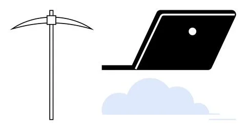 Merging Traditions and Technology Pickaxe and Laptop Hovering Over a Cloud Stock Illustration