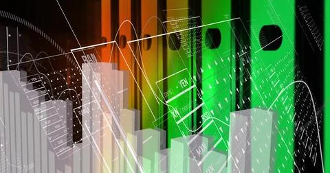 Merging vertical orange green binders with financial data against dark shelf, Stock Photos