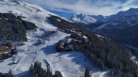 Meribel Ski Domain Slopes Chalets Forest Aerial Drone Video Winter 4K Видео 335832091