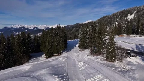 Meribel Snow Road Pine Forest Aerial Drone Video Winter French Alps 4K 動画素材 335832121