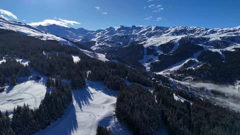 Meribel Valley Pine Forest Winter Panoramic Aerial Drone Video French Alps 4K Видео 335922569