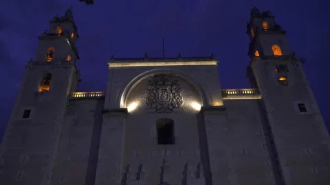 Merida Cathedral at night, city of Merida, Yucatan, Mexico Stock Footage 156576587