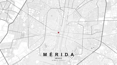 Merida Mexico map aerial road network grid location pin Stock Footage 333430210