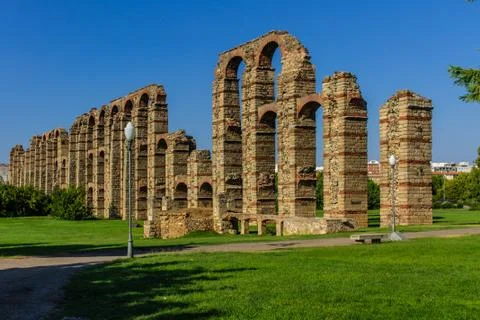 Merida, Spain, 28th August 2018: Roman aqueduct Stock Photos