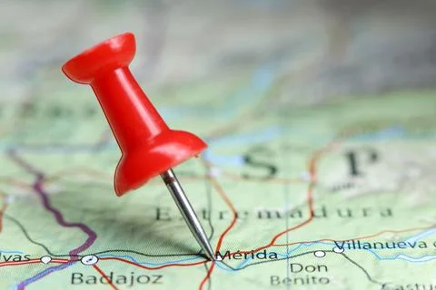 Merida, Spain pin on map Stock Photos