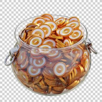 Merit Circle MC in 3D crypto coin saving bank with stack coins on isolated Stockfoto's