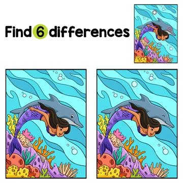 Mermaid and Dolphin Find The Differences Stock Illustration