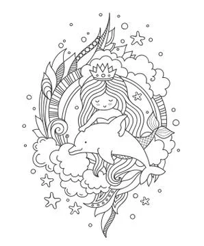 Mermaid and dolphin, surrounded by clouds and seaweed. Stock Illustration