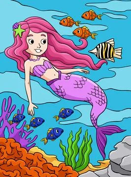 Mermaid and a Fish Colored Cartoon Illustration Stock Illustration