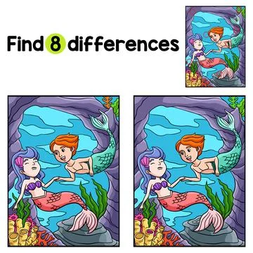 Mermaid and a Merman Find The Differences Stock Illustration
