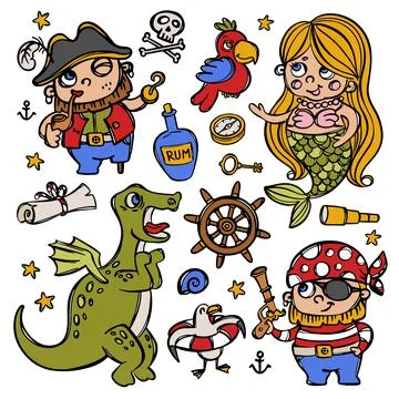 MERMAID AND PIRATES Nautical Objects Vector Illustration Set Stock-Illustration