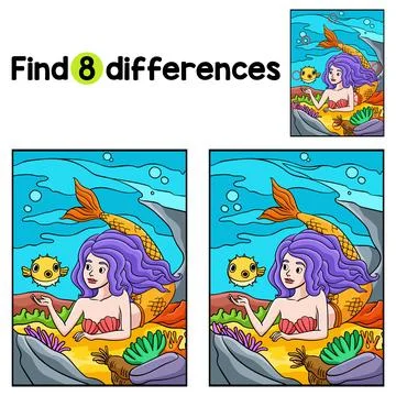 Mermaid and Pufferfish Find The Differences Stock Illustration