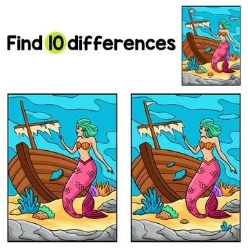 Mermaid and a Shipwreck Find The Differences Stock Illustration