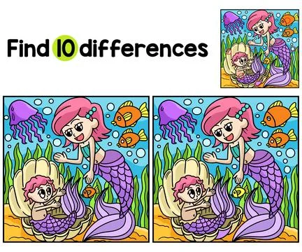Mermaid With A Baby Find The Differences Stock Illustration