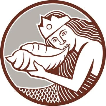 Mermaid Blowing Conch Shell Circle Retro Stock Illustration