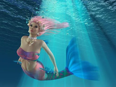 Mermaid with Blue Bubbles Stock Illustration