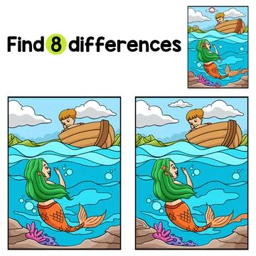 Mermaid with Boy in the Boat Find The Differences Stock Illustration